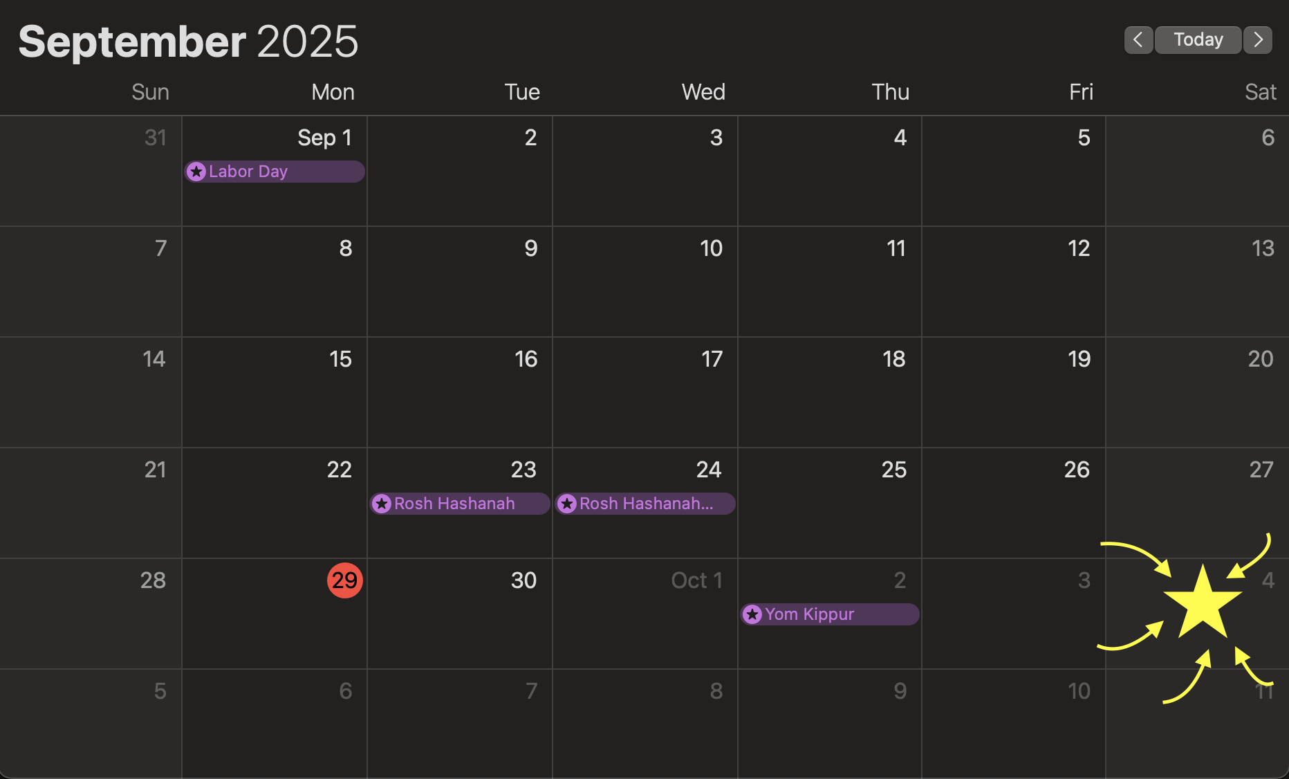 An image containing a screenshot of a calendar with a star and arrows on saturday october 4th