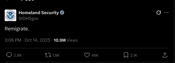 Image containing a tweet, of ICE with the single word &ldquo;Remigrate&rdquo;