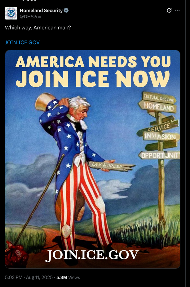 Image containing Uncle Sam, at a cross roads holding a sign that says
Law & Order. The caption to this photo, says &ldquo;Which Way, American
Man?&rdquo;